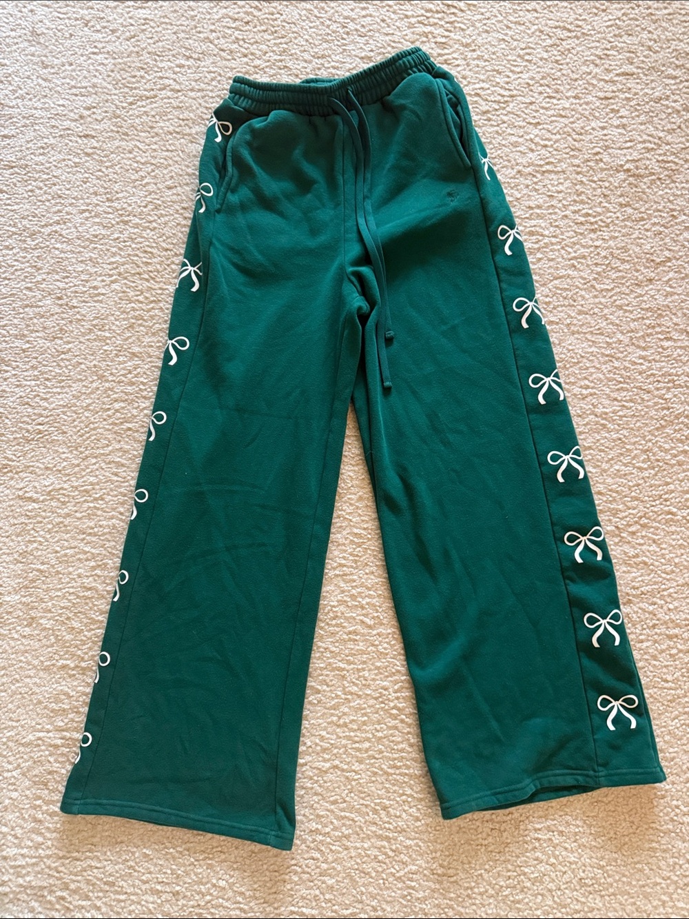 Women’s Dark Green Wide-Leg Track Pants with Side Bow Detail